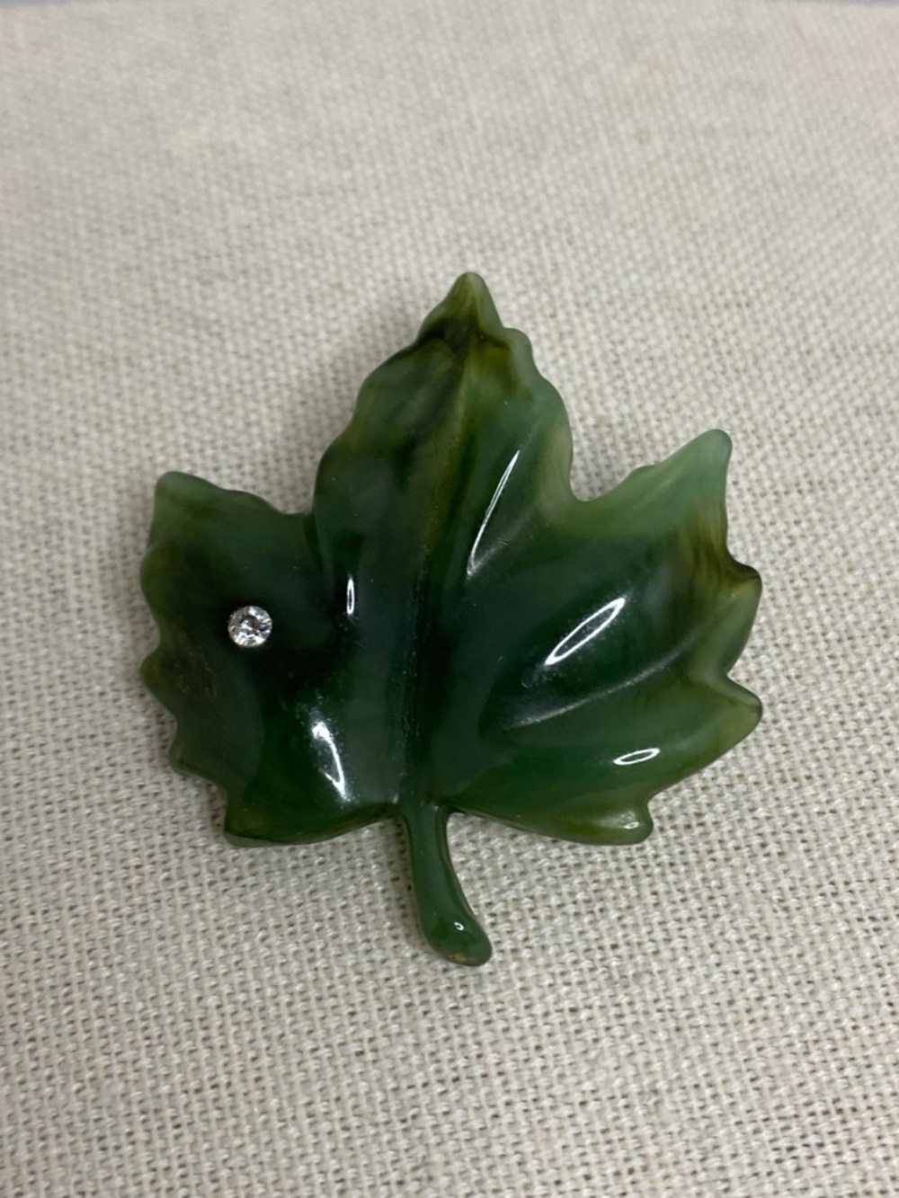 Vintage Avon Green Leaf Brooch Pin Lucite Acrylic One Rhinestone